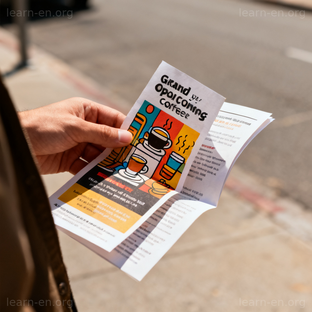 leaflet 传单图解：手持咖啡店开业宣传单页的特写