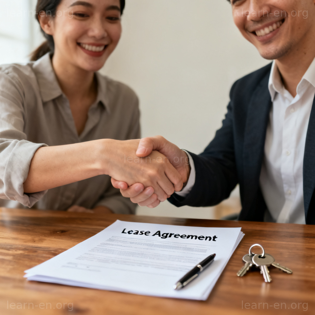 Lease Agreement 租赁合同签约场景图解：两人握手，桌上有合同、钥匙和笔