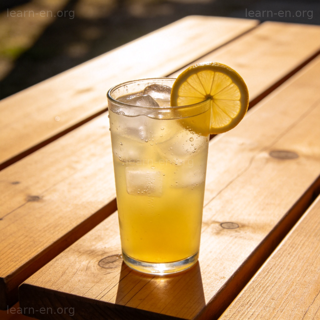 Lemonade 图解：一杯加冰黄柠檬水置于阳光下木桌的场景