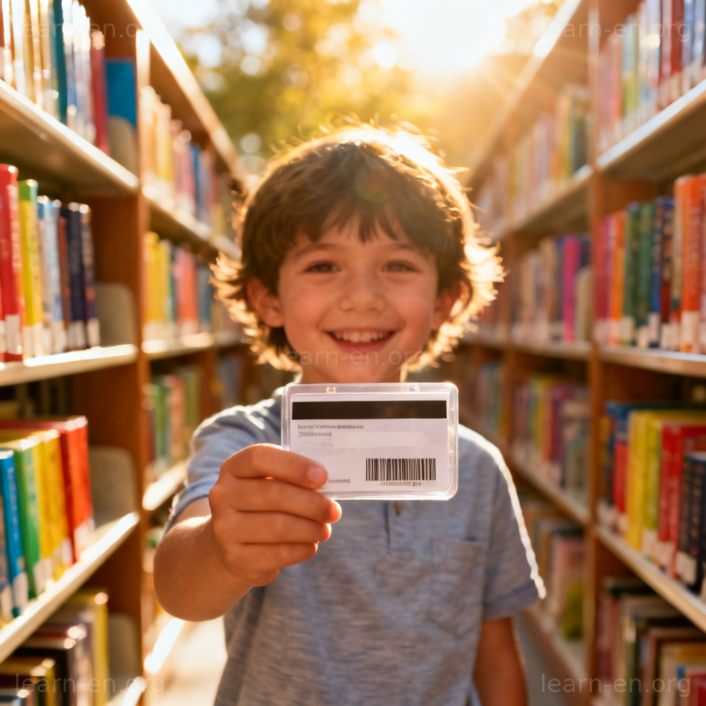 library card 借书证图解：孩子在图书馆手持条形码借书卡