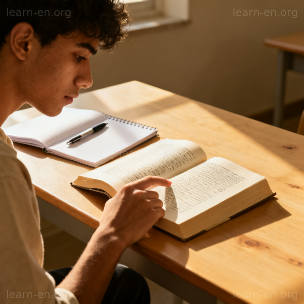 literacy 读写能力图解：年轻人在书桌前专注阅读与书写