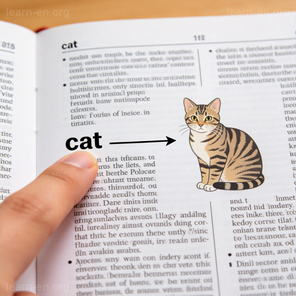 literally 含义图解：字典中‘cat’一词指向真实猫咪的字面意思