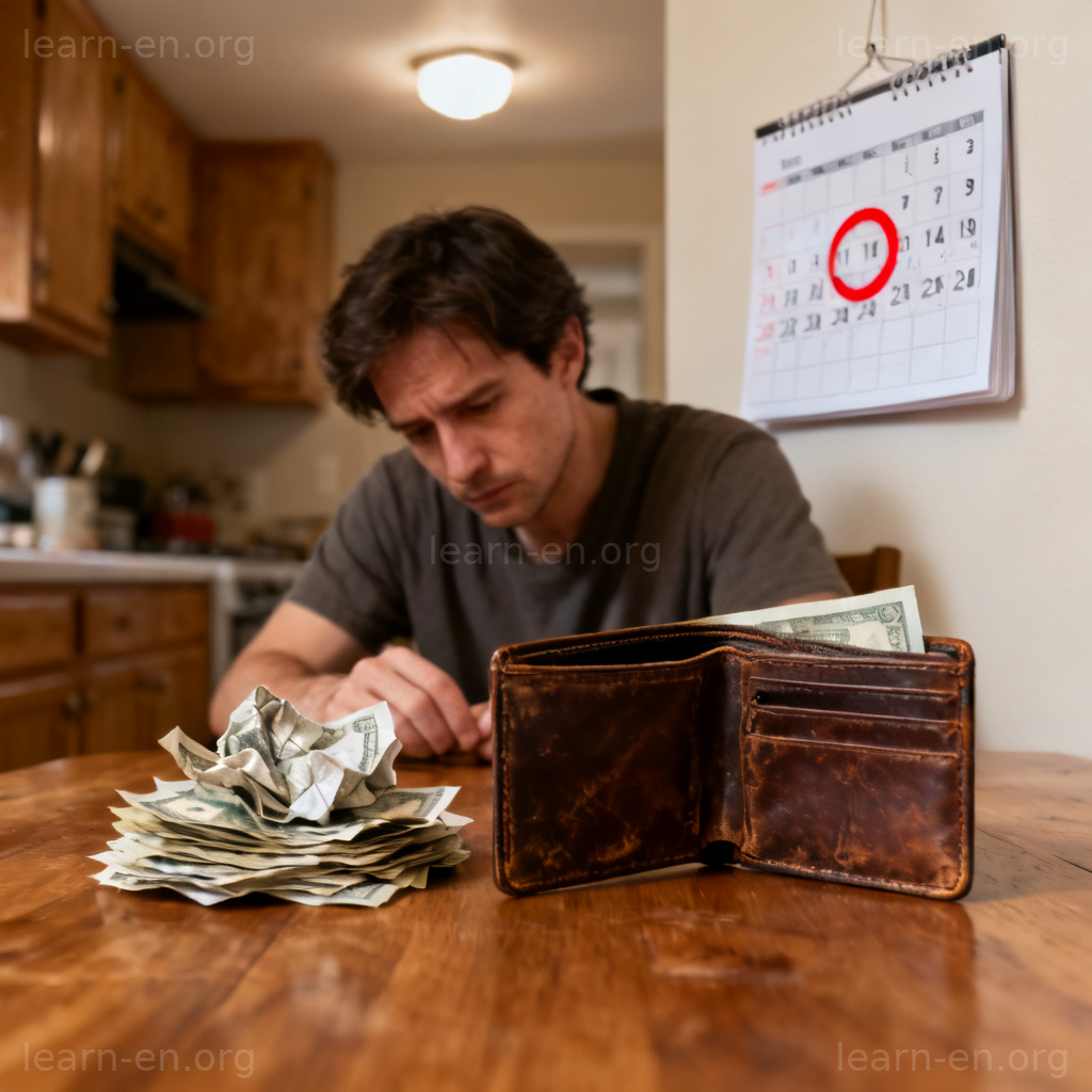 live paycheck to paycheck 图解：空钱包与账单堆旁的月月光场景