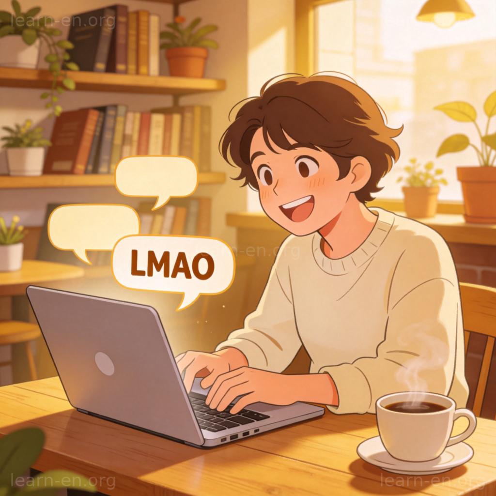 LMAO图解：咖啡馆里对着笔记本电脑大笑的人，聊天框显示LMAO