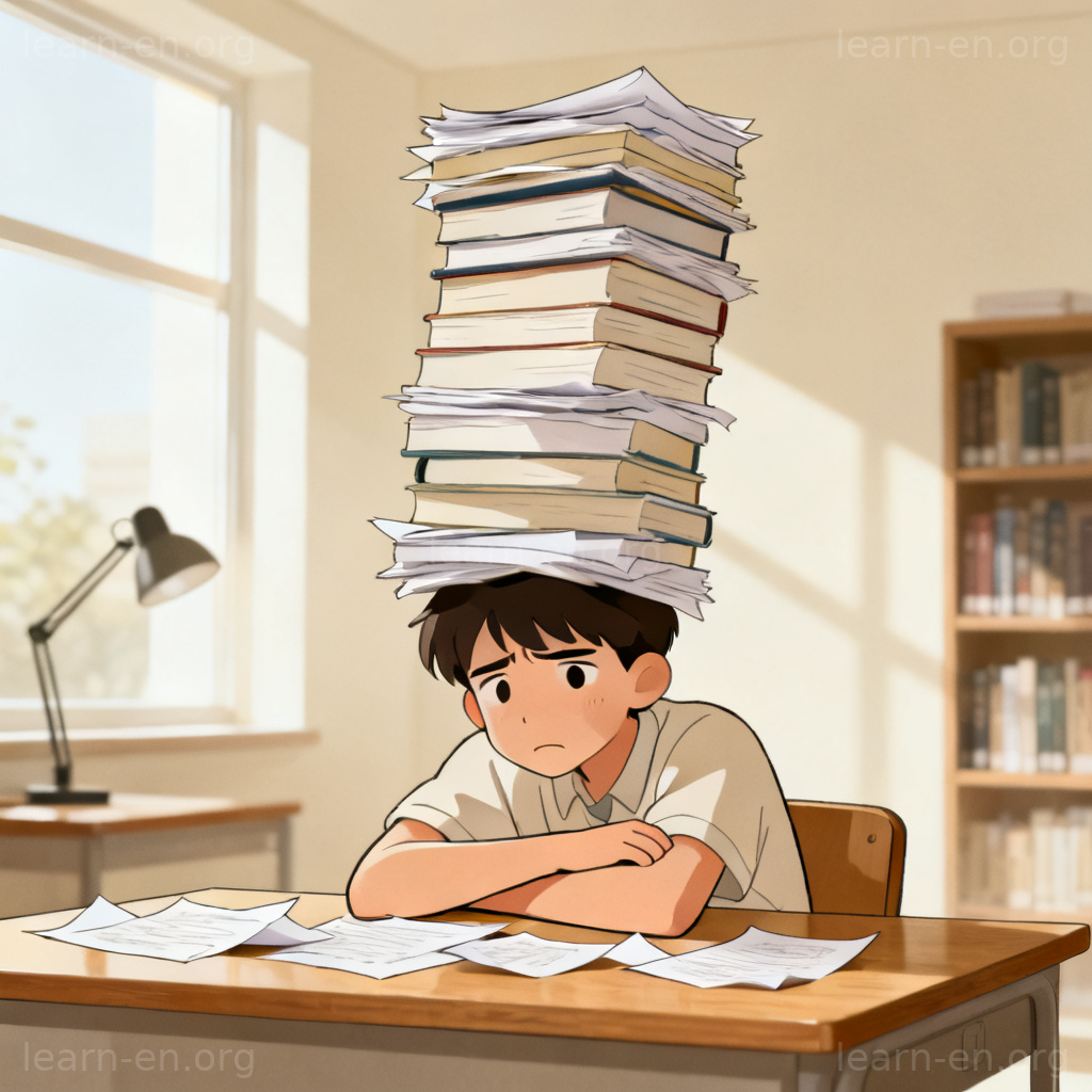 load 负担含义图解：学生面对堆积如山的书本压力