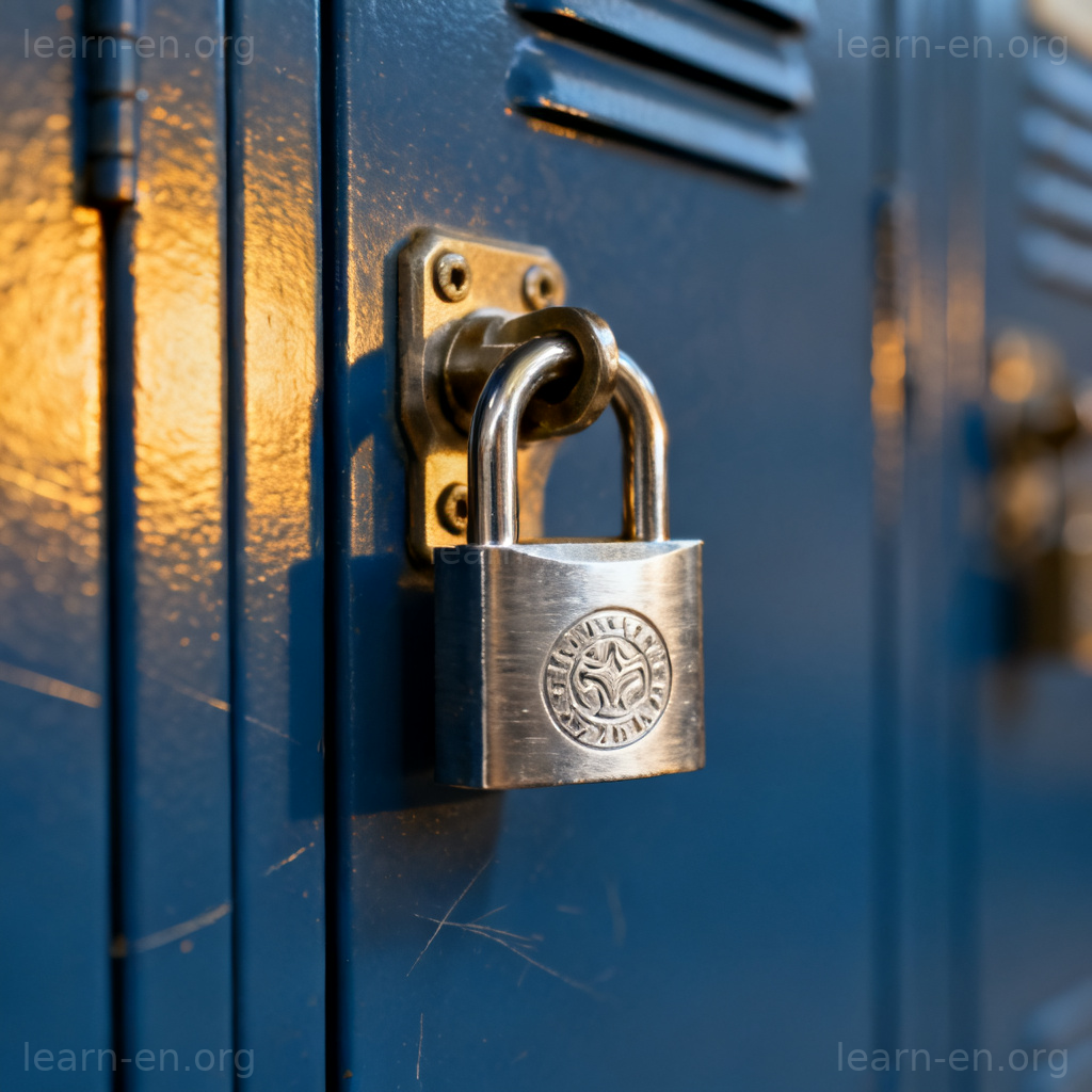 Lock 名词含义图解：特写固定在蓝色储物柜门上的坚固银色锁具