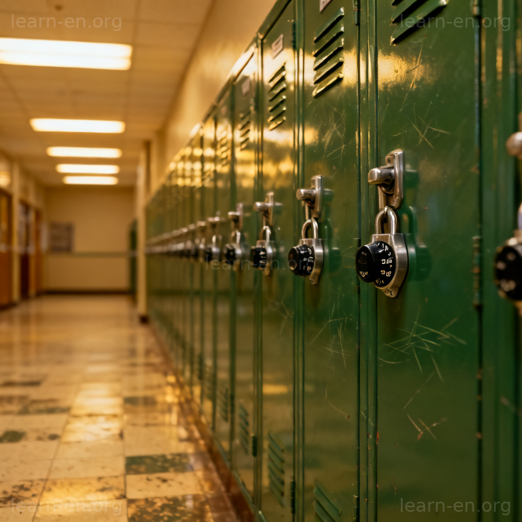 locker 储物柜图解：学校走廊里一排带密码锁的绿色金属柜子