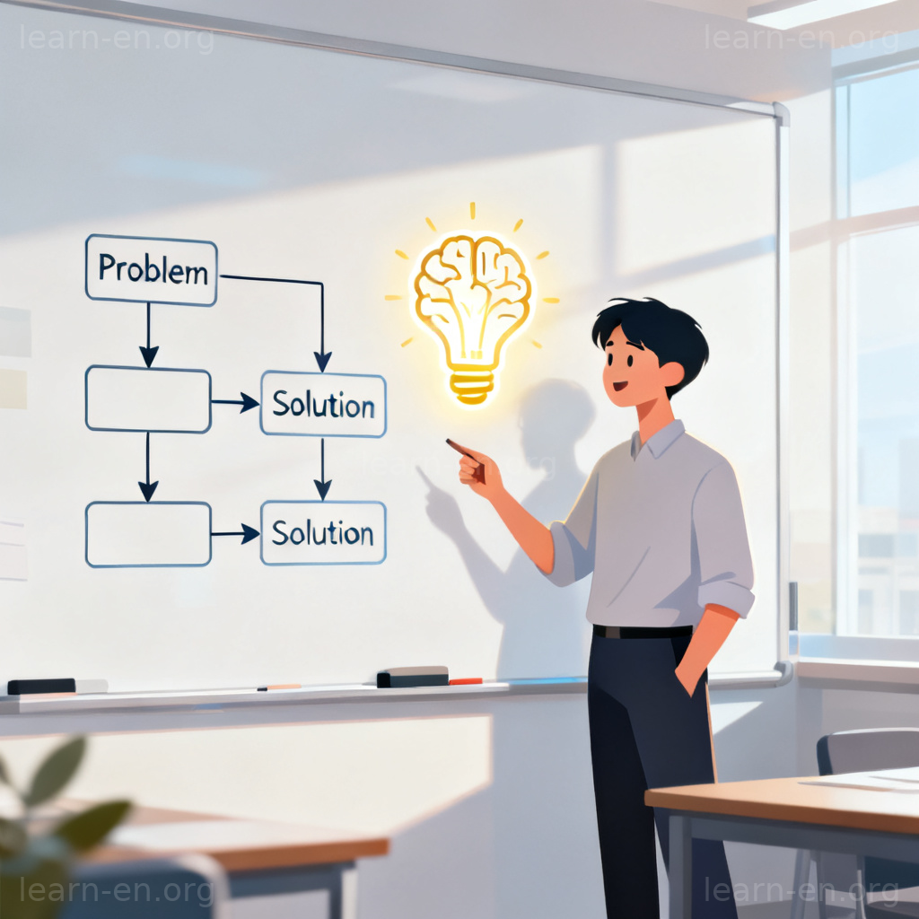 logic 逻辑图解：人物在白板前讲解问题到解决方案的流程图