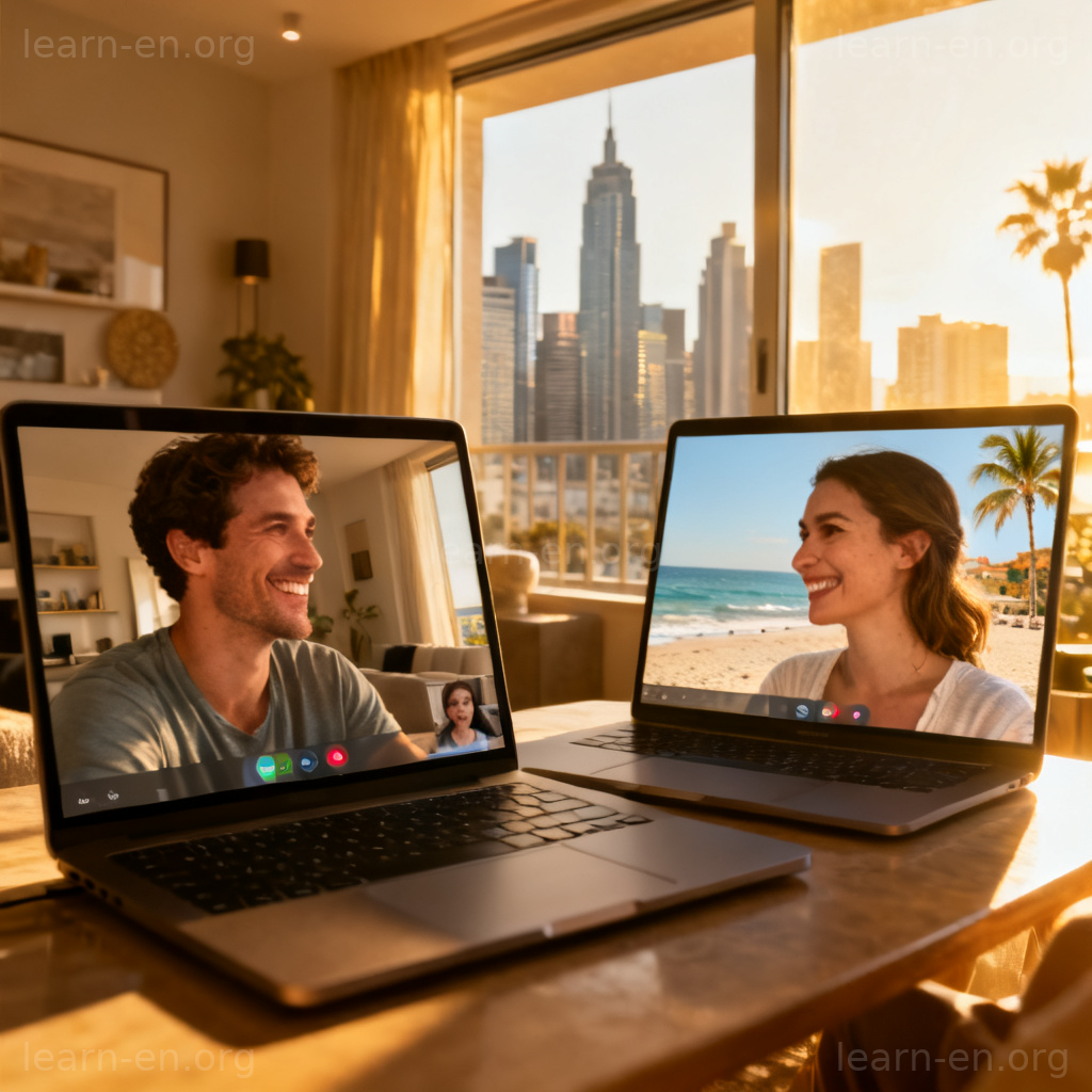 long-distance relationship 图解：一对情侣通过笔记本电脑视频通话微笑对视