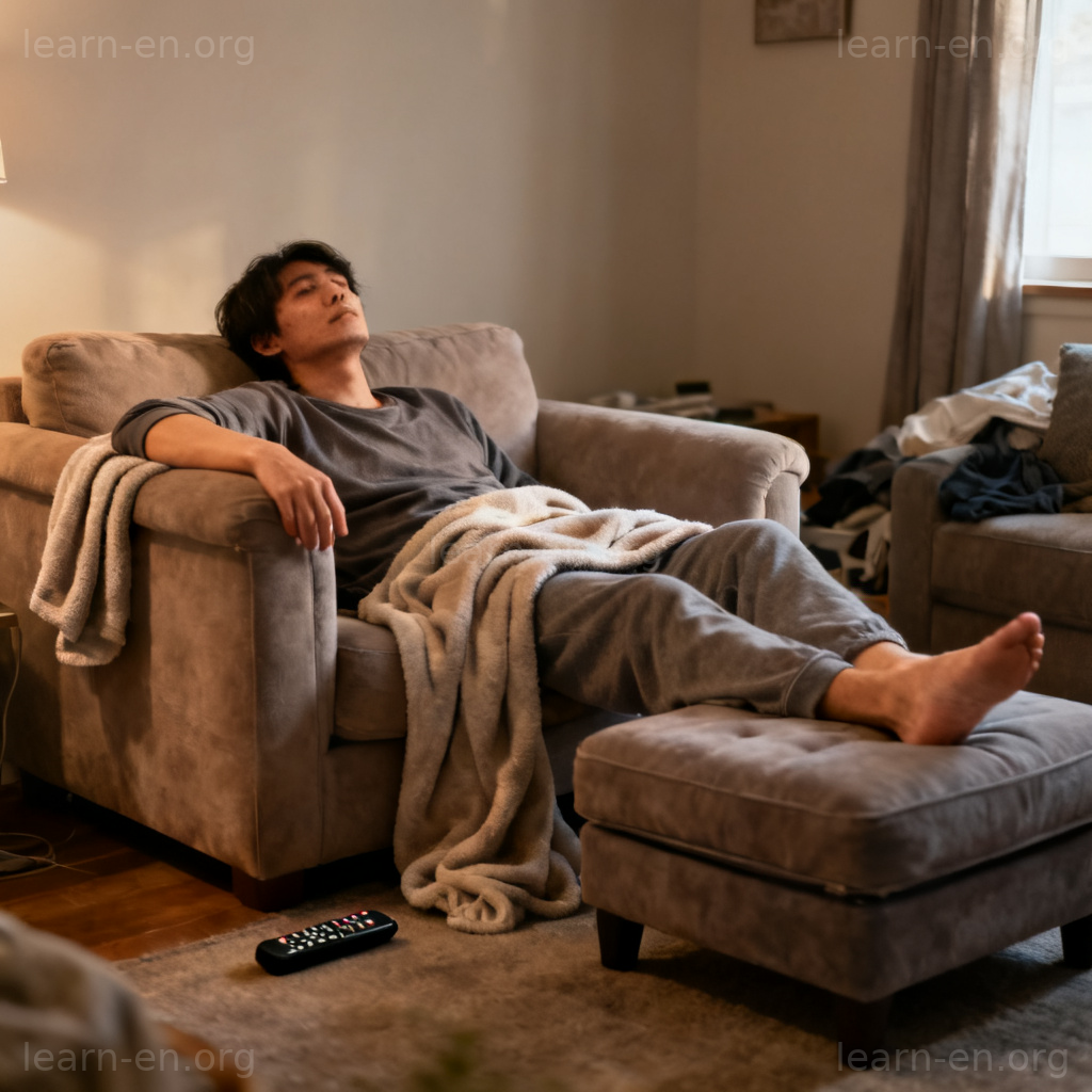 lounge动词图解：人物慵懒地深陷在沙发中放松休息