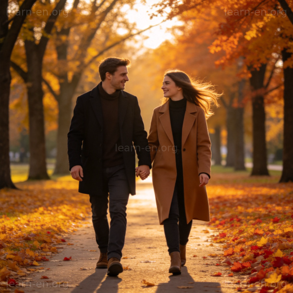 lover 情人图解：公园中牵手漫步的浪漫情侣场景