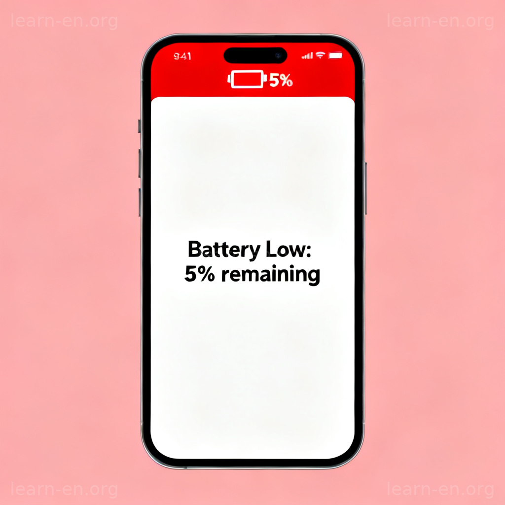 low battery 图解：手机屏幕显示红色5%电量与低电量警告弹窗