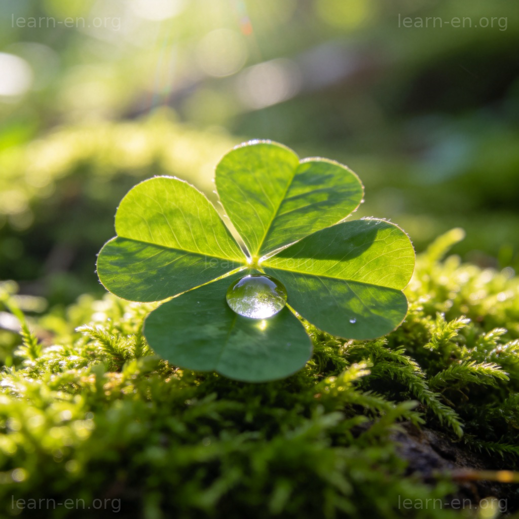 lucky 吉祥含义图解：特写带露珠的四叶草，阳光照射，背景自然