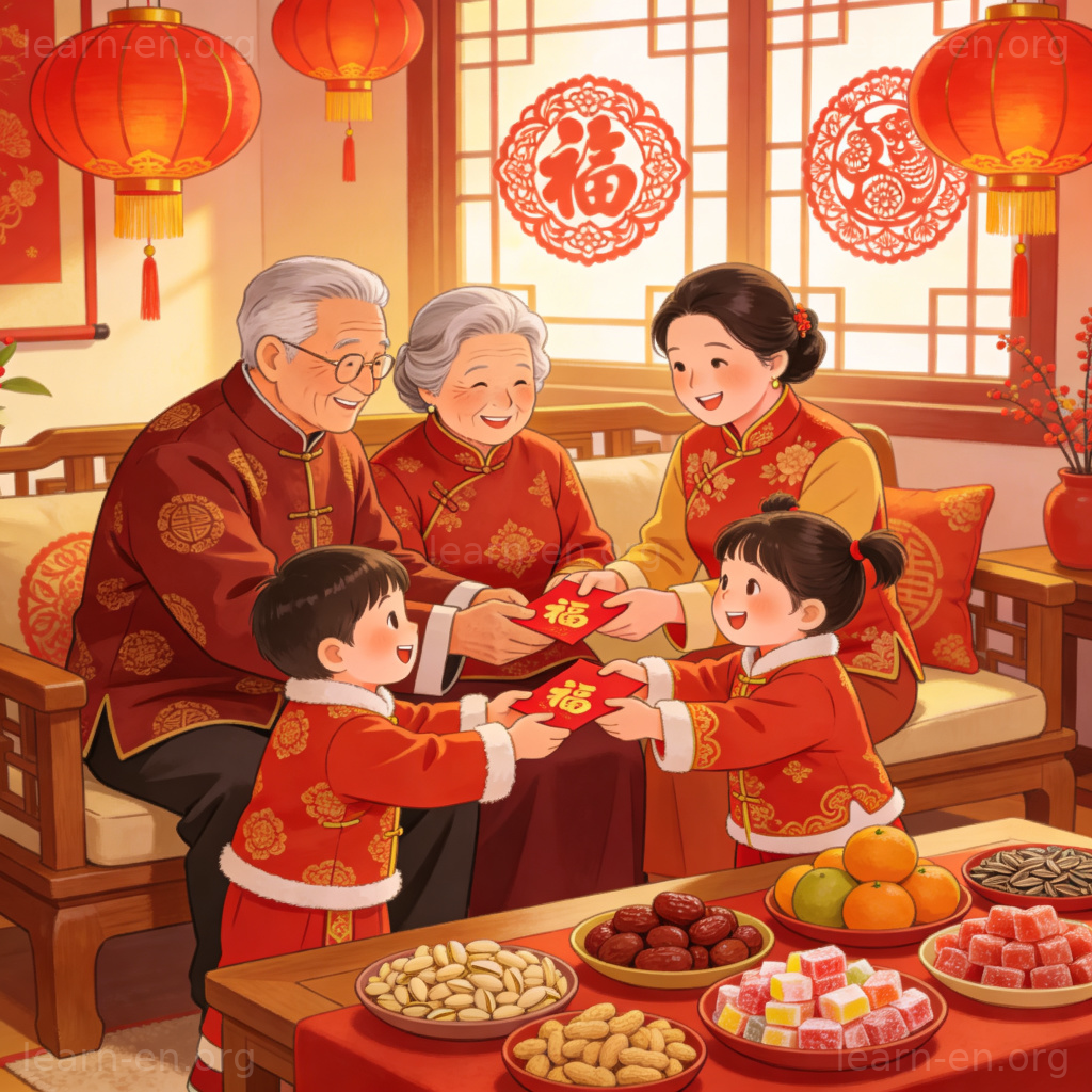 Lucky money 图解：春节长辈给小孩发红包的欢乐场景