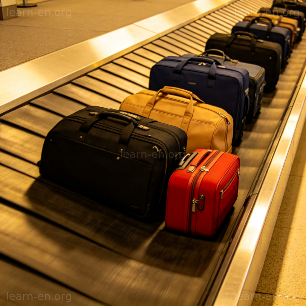 luggage行李图解：机场传送带上整齐排列的行李箱和旅行包