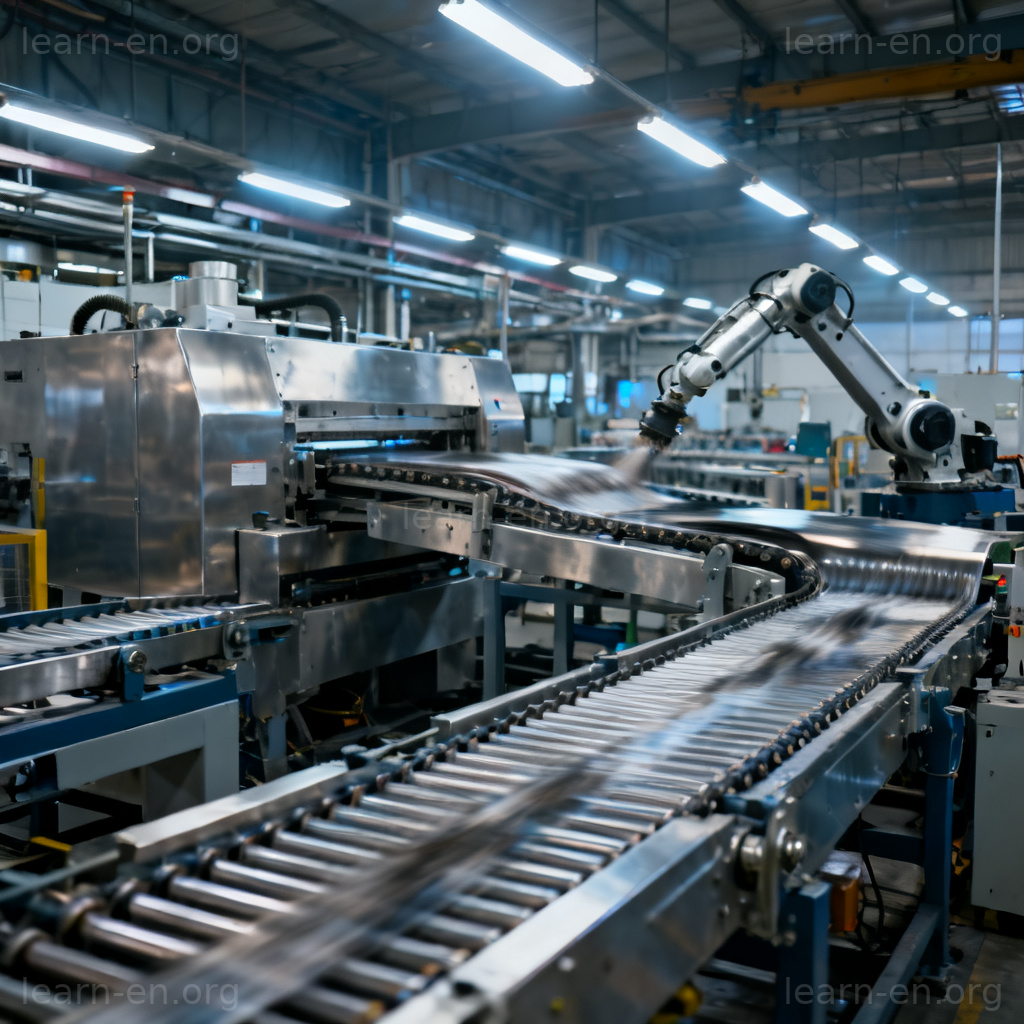 machinery 含义图解：工厂车间内大型机器设备协同工作场景