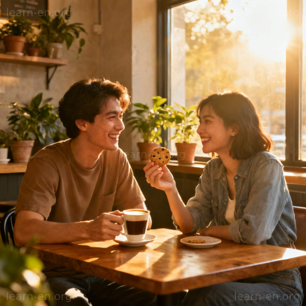 make friends 图解：两个人在阳光咖啡馆微笑交谈，分享饼干