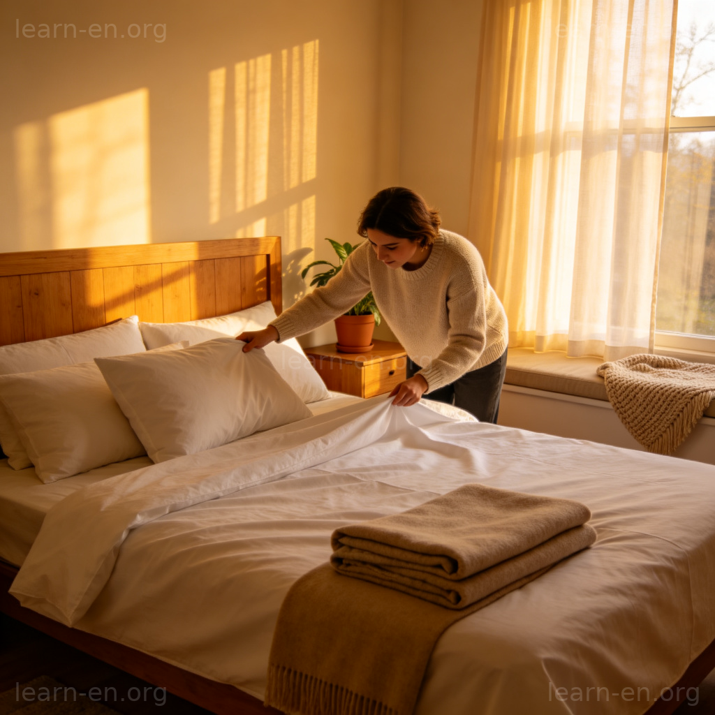 Make the Bed 图解：一个人在阳光卧室中整理床单和枕头