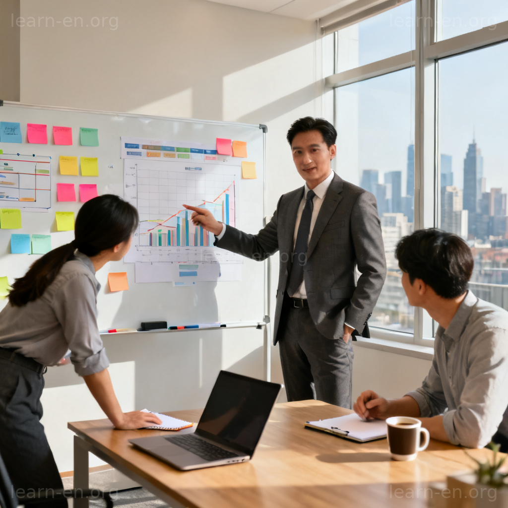 management 管理含义图解：项目经理在办公室讲解项目计划