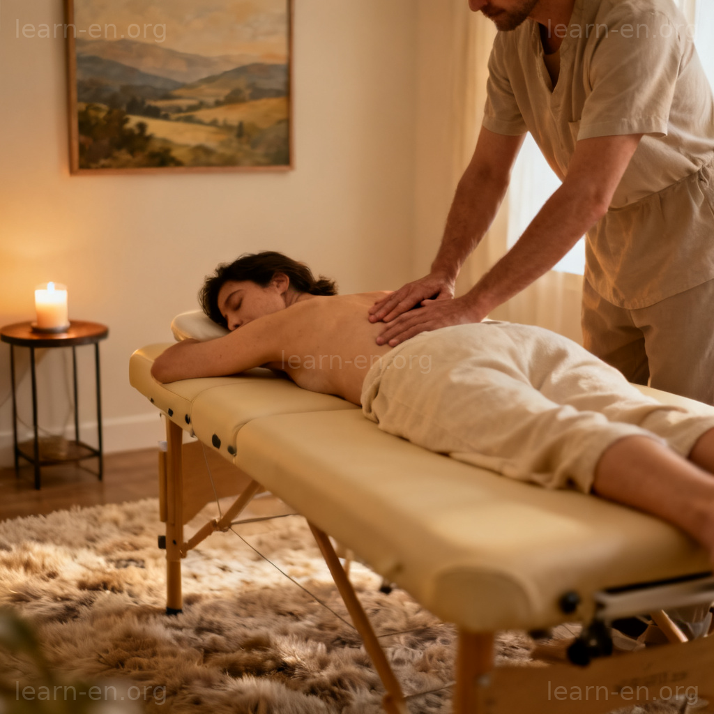 massage 按摩图解：温馨房间内专业人员为顾客进行背部按摩