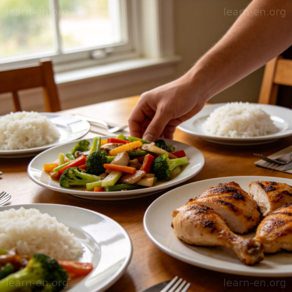 meal 单词图解：家庭餐桌上的米饭、蔬菜和鸡肉餐食场景