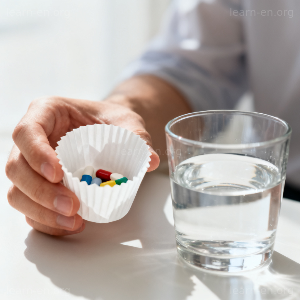 medication 图解：手拿药杯与水的场景，展示药物服用