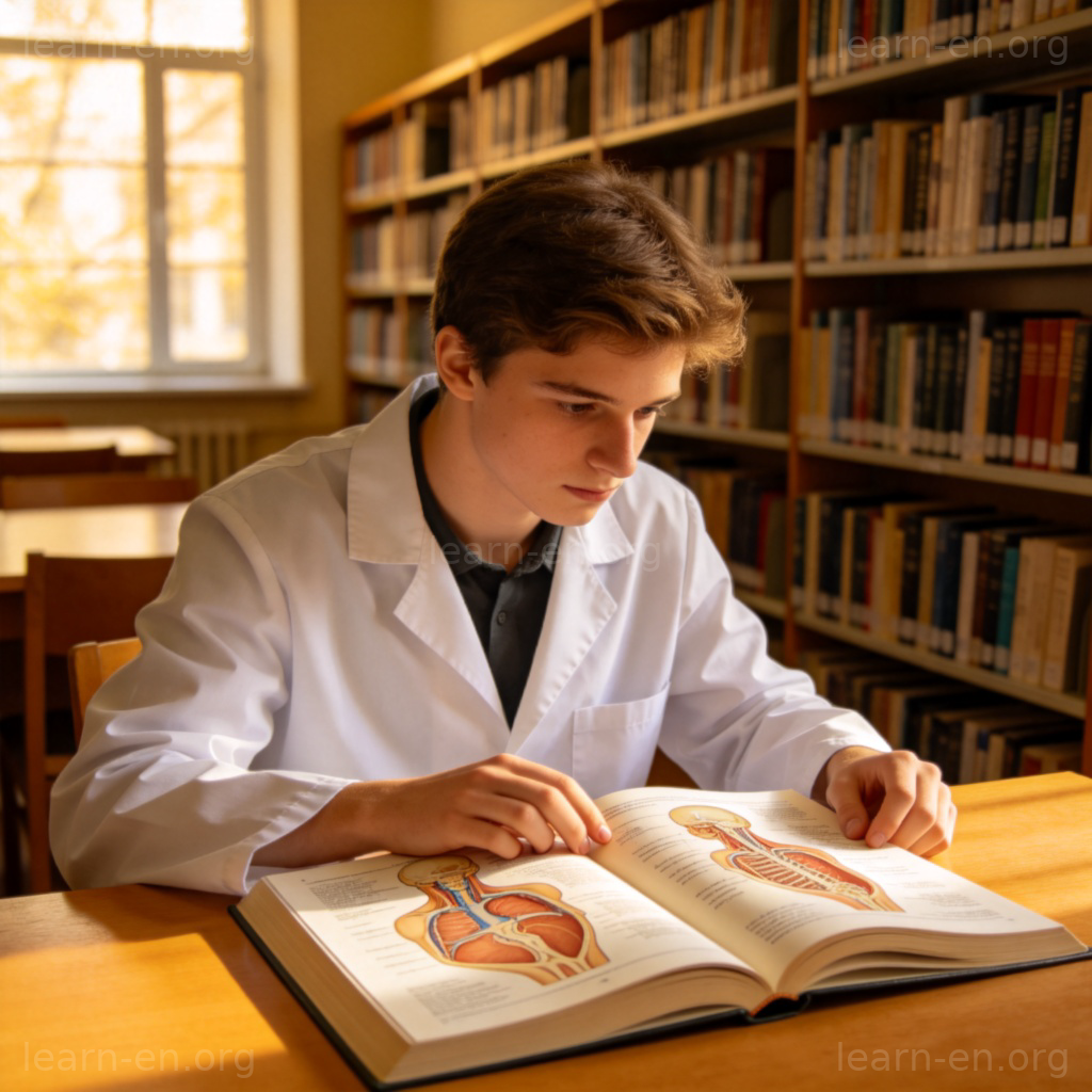 medicine 医学场景：医学生在图书馆研读解剖书