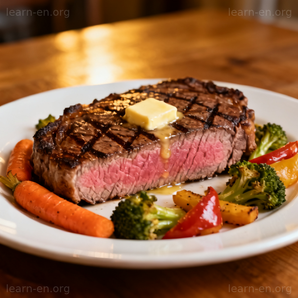 medium rare steak 图解：切开可见粉红中心的牛排，带烤痕，配蔬菜