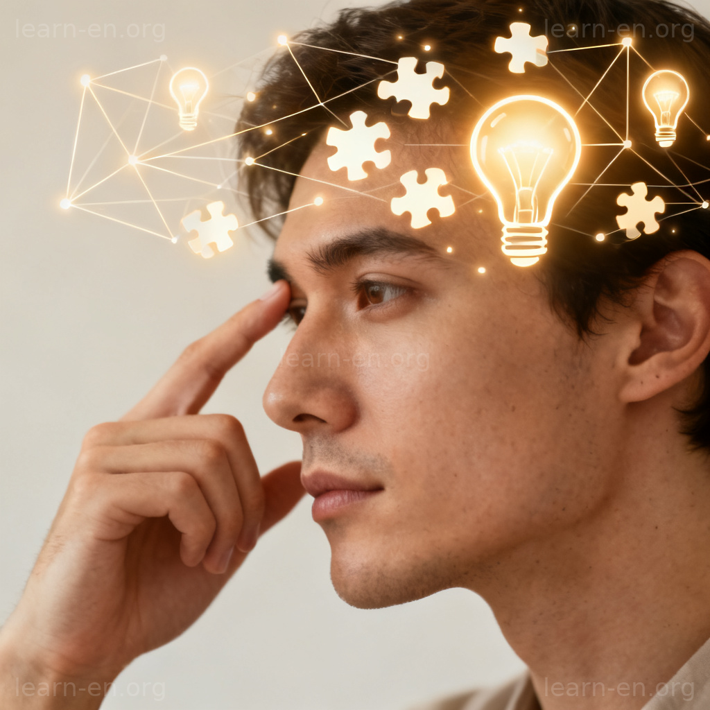mental 含义图解：手指轻触太阳穴，背景有发光几何图形代表活跃思维