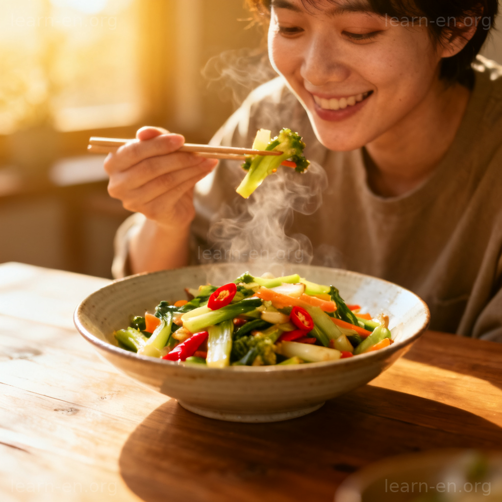 mildly spicy 微辣图解：一盘冒热气的彩椒炒菜，点缀少许红辣椒