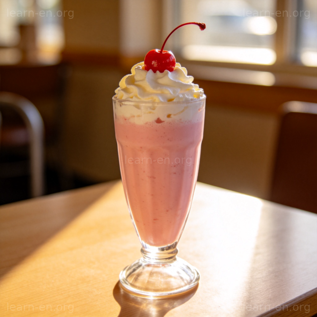 Milkshake 奶昔图解：一杯粉色奶油奶昔，配有鲜奶油和樱桃