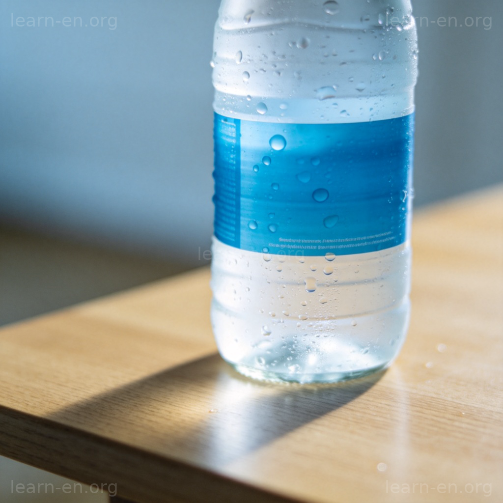 Mineral Water 矿泉水图解：蓝色标签玻璃瓶装水，桌面场景