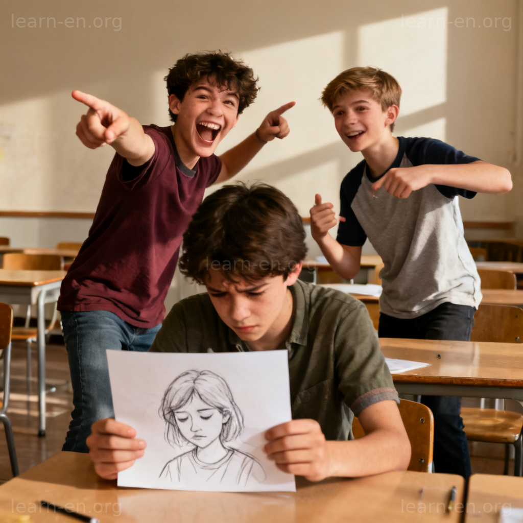 mock 嘲笑含义图解：学生在教室模仿嘲笑他人