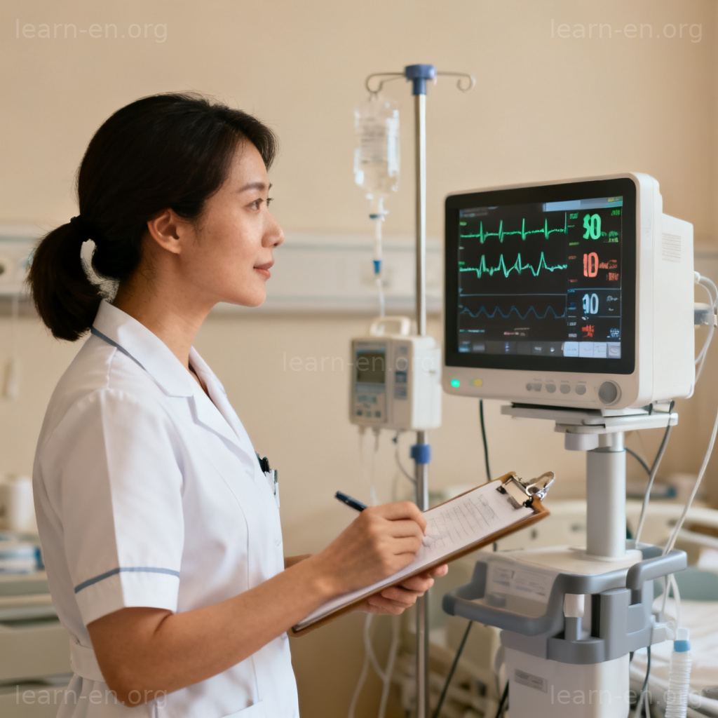 monitor监视含义图解：护士专注监测病人生命体征
