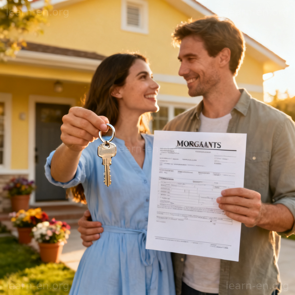 mortgage 抵押贷款图解：年轻夫妇在银行签署文件拿到钥匙