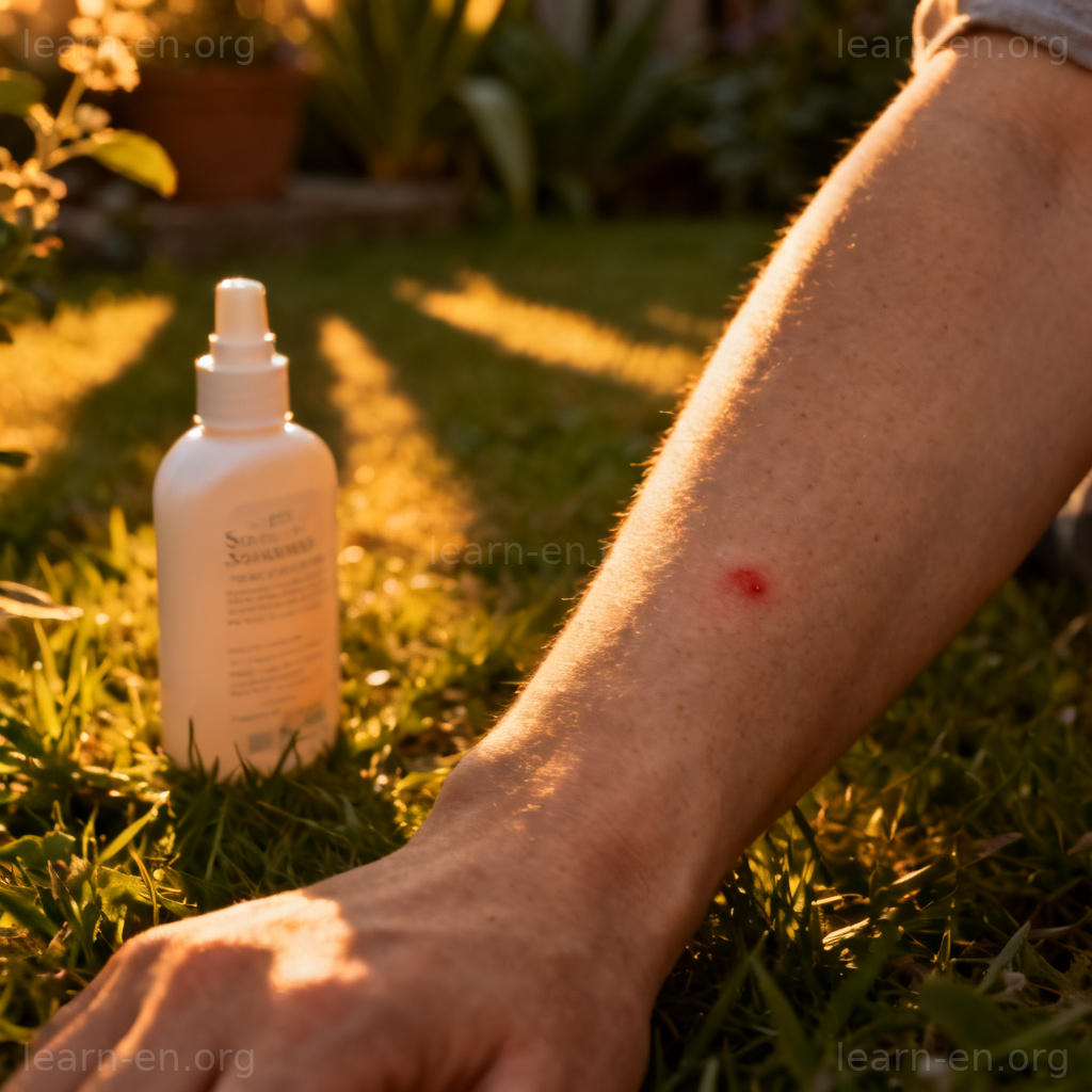 mosquito bite 图解：夏日花园中手臂上的红色发痒蚊子包