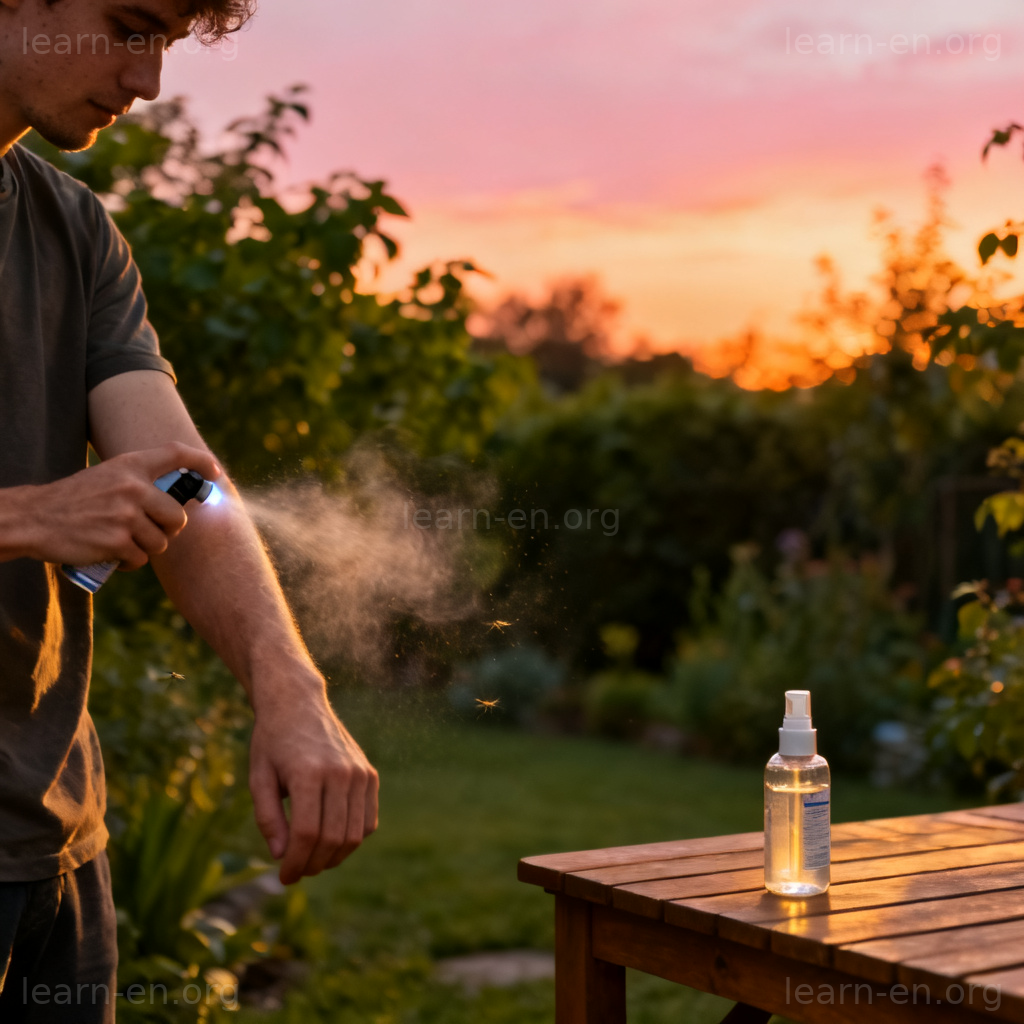 mosquito repellent 驱蚊剂图解：夏日傍晚花园中向手臂喷洒驱蚊喷雾