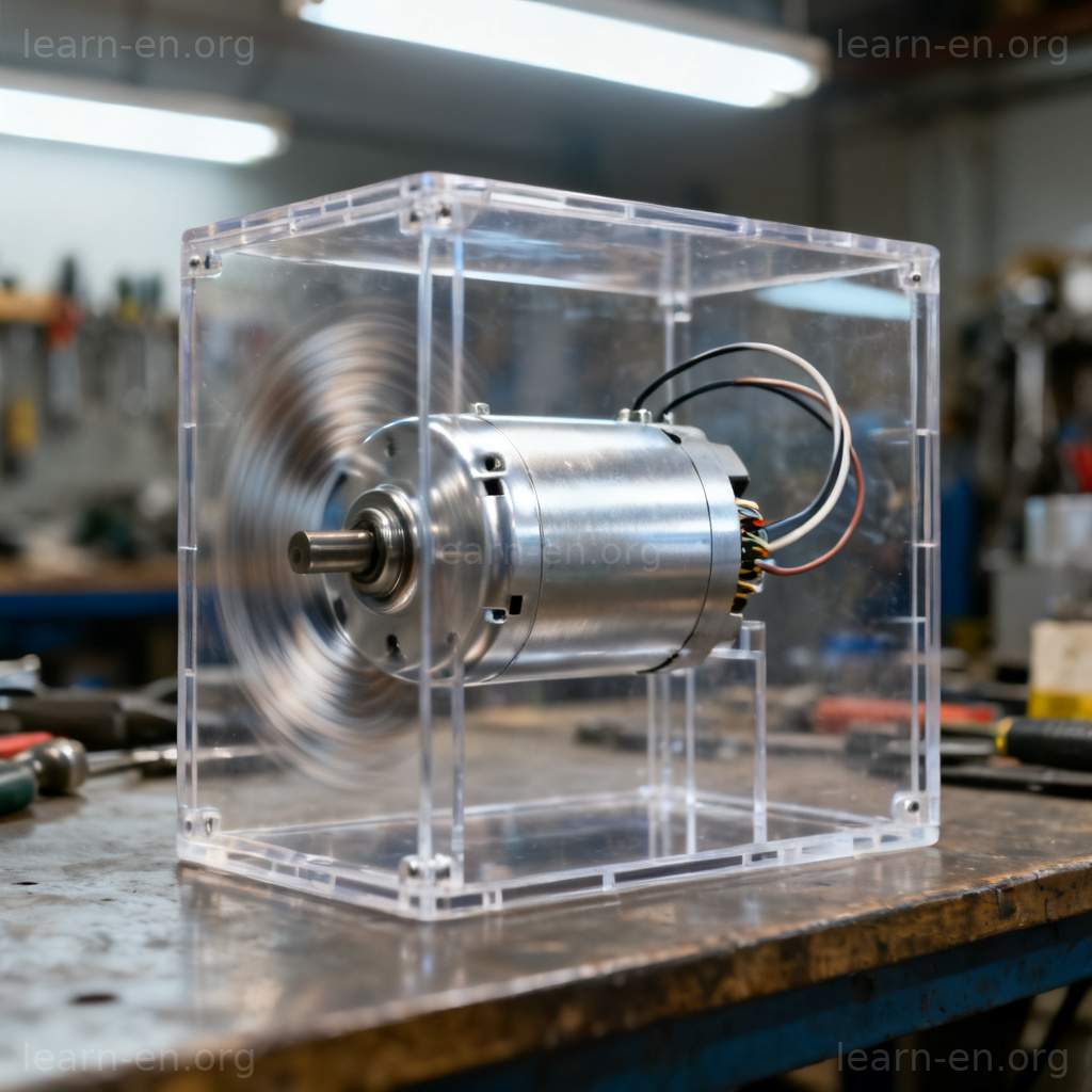 motor 发动机图解：银色电机在透明壳内旋转的工作场景