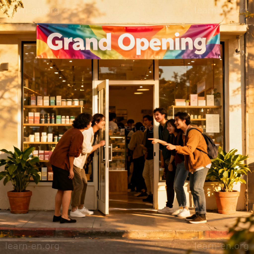 move in 进驻含义图解：新店铺开张吸引人群进入查看