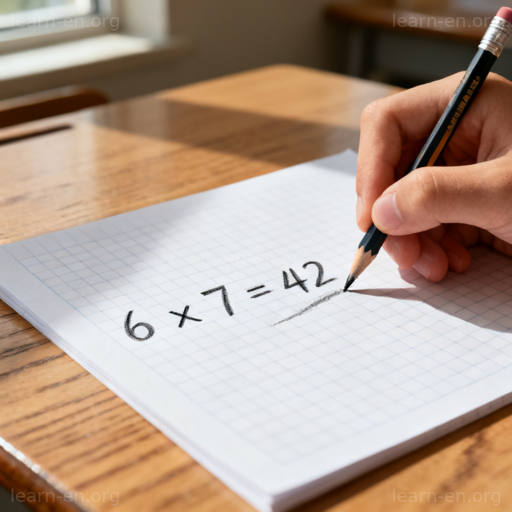 multiply 相乘含义图解：学生在纸上书写乘法算式 6 x 7 = 42