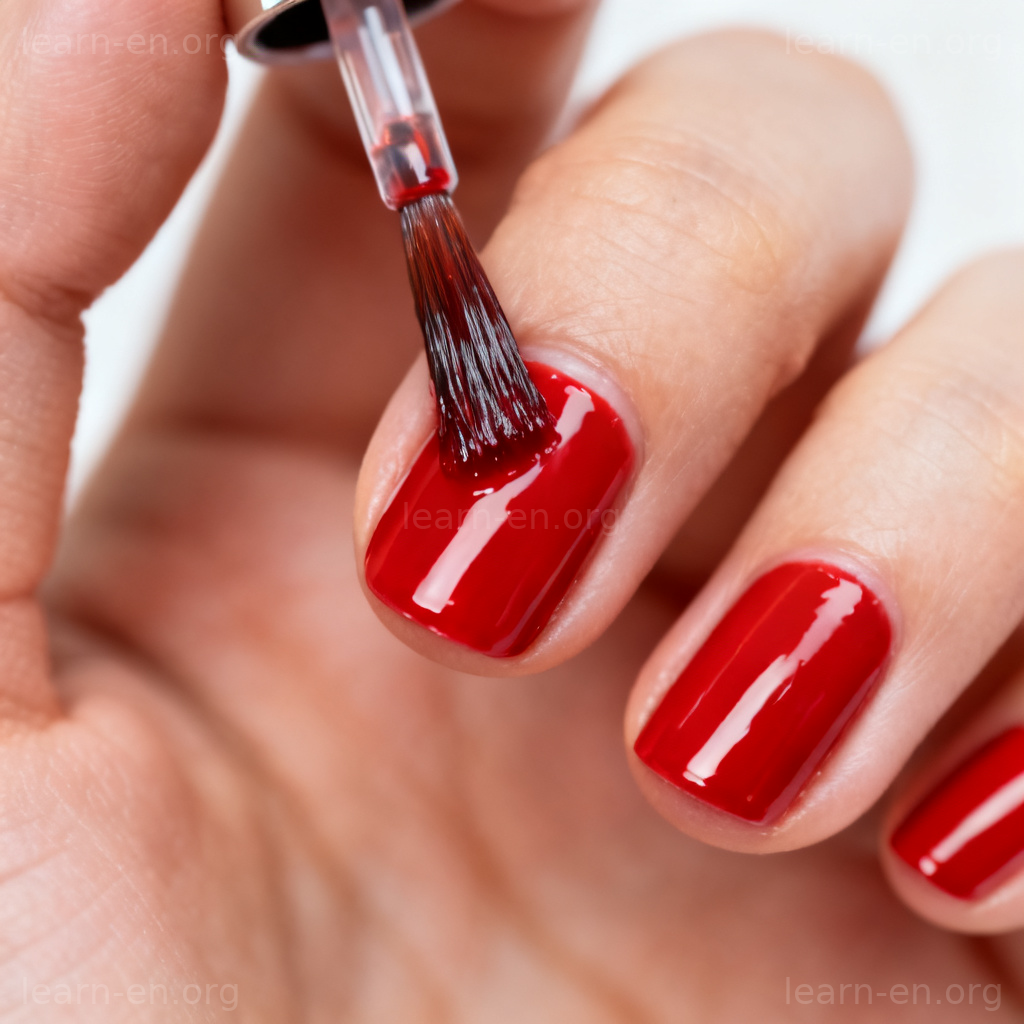 Nail Polish 图解：小刷子涂抹亮红色指甲油到手指甲的特写