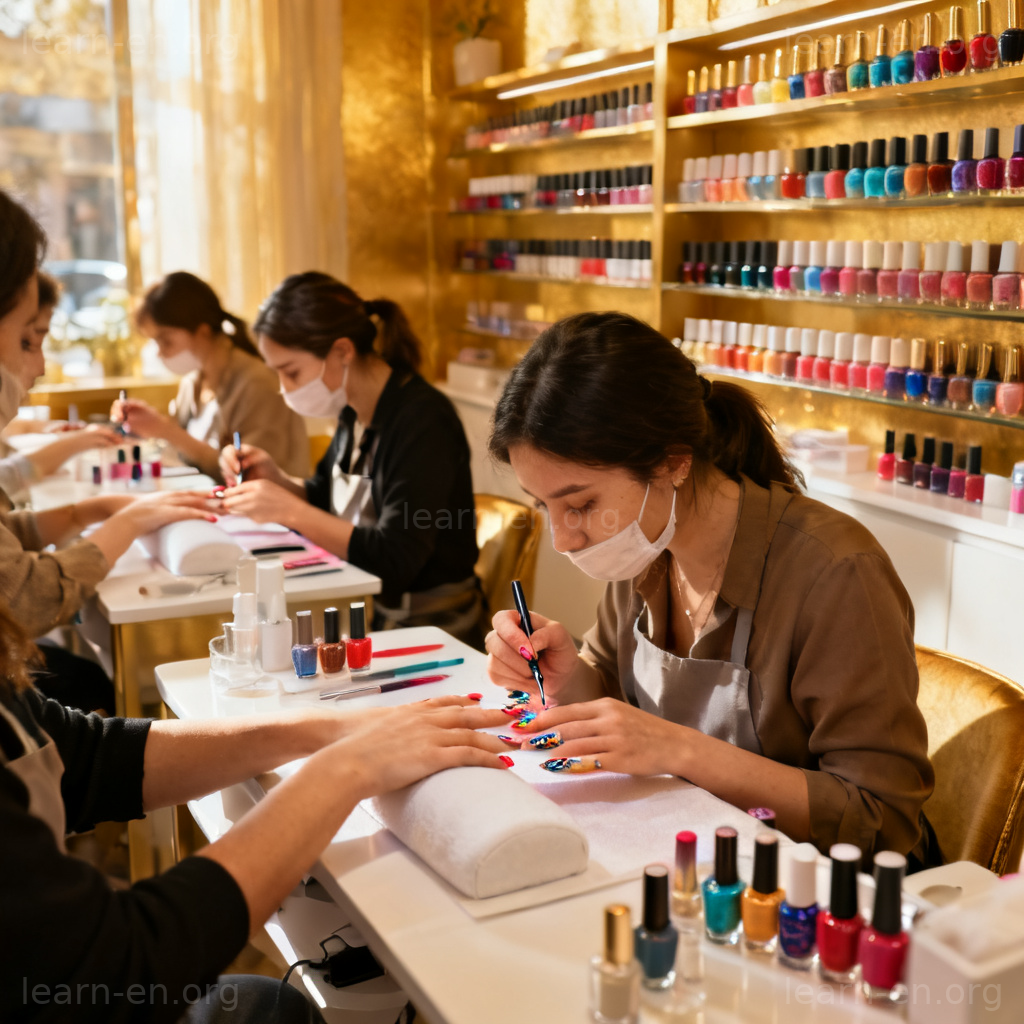nail salon 图解：美甲沙龙内美甲师为客户精心绘制彩色指甲的场景