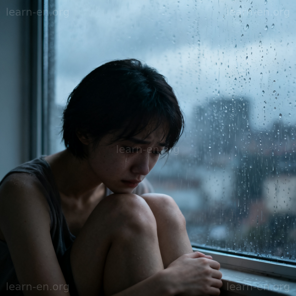 negative消极含义图解：阴雨天窗边沉思的忧郁人物