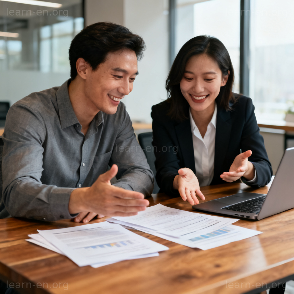 negotiate 图解：商务人士在办公室友好协商的场景