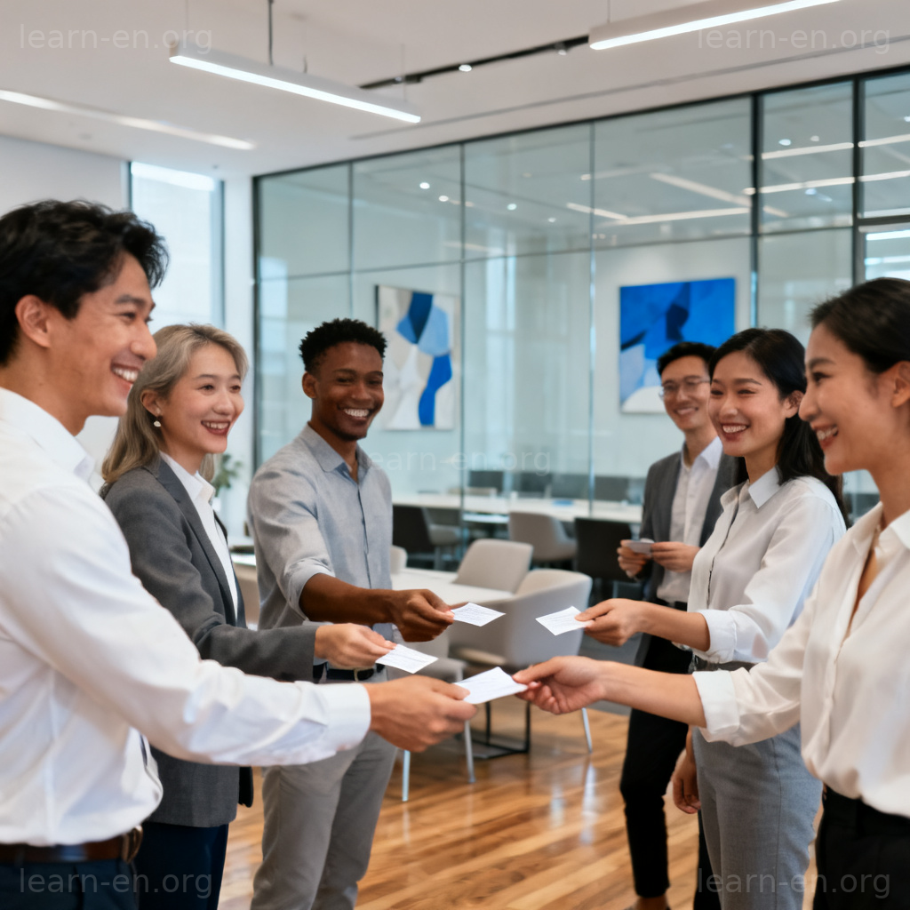networking event 场景图解：专业人士在明亮大厅交换名片