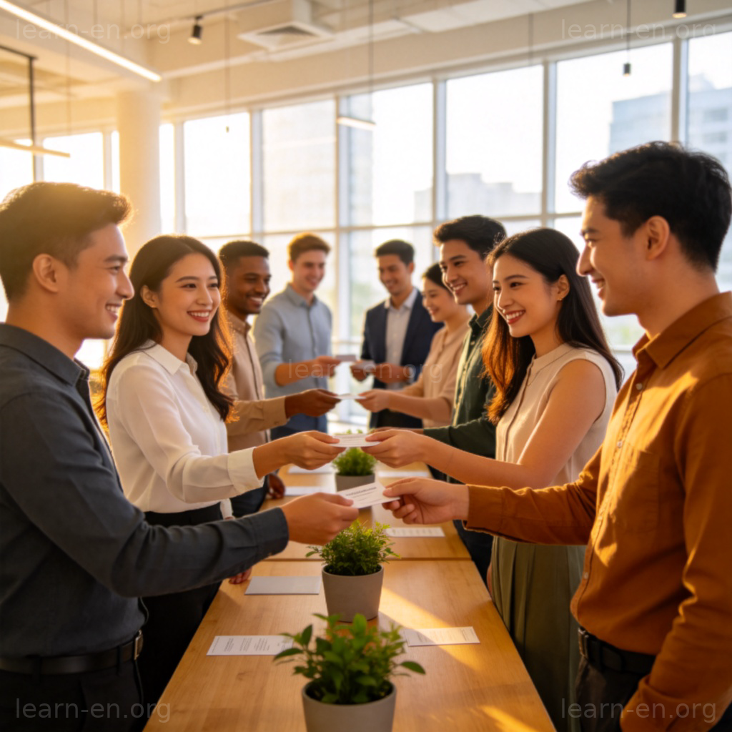 Networking 社交含义图解：专业人士在会议中交换名片