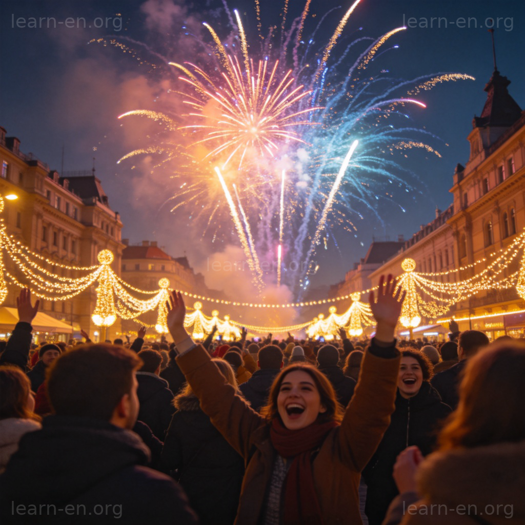 New Year celebration 场景图解：人群在广场欢庆新年，烟花绽放