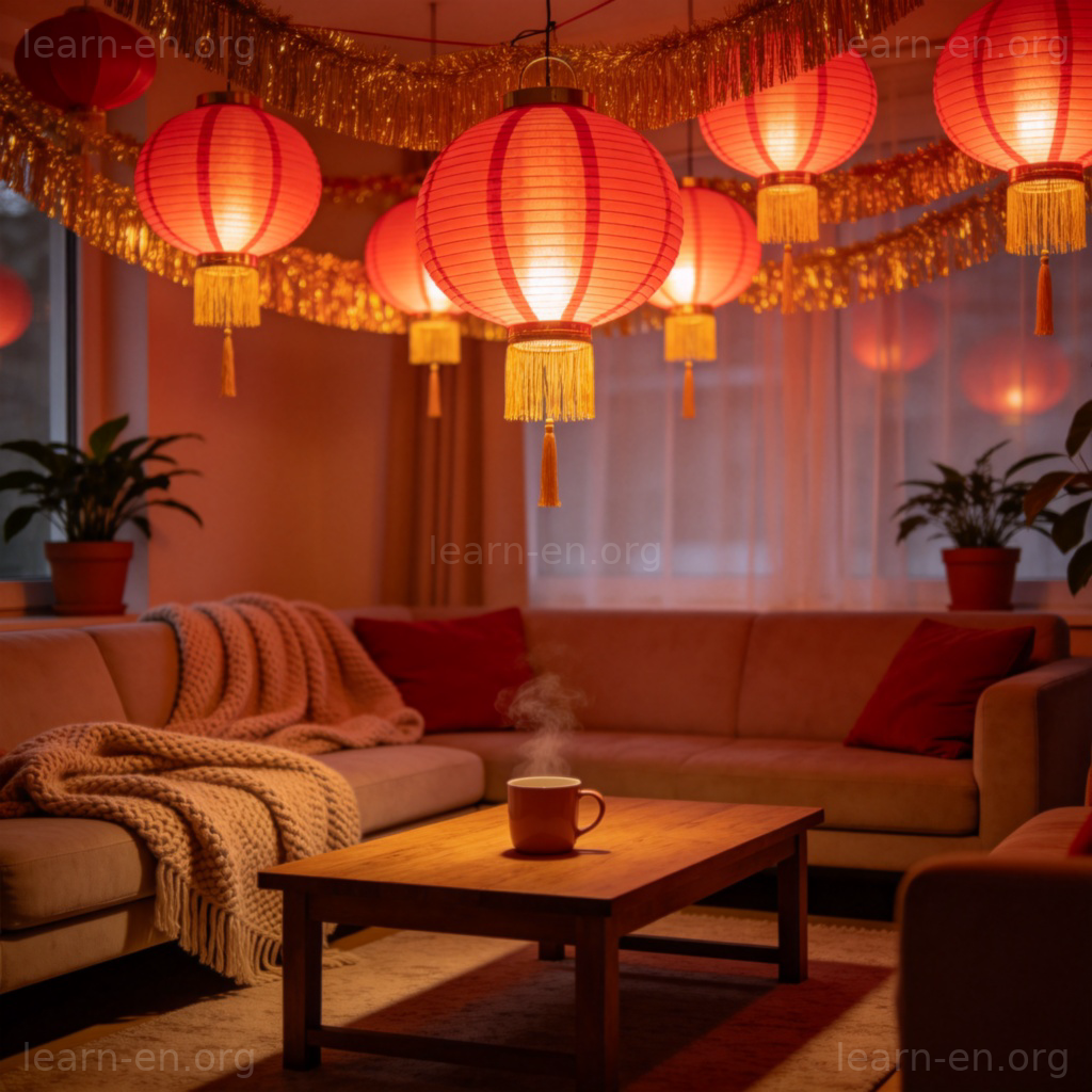 New Year Decorations 图解：红灯笼与中国结营造的温馨春节客厅场景