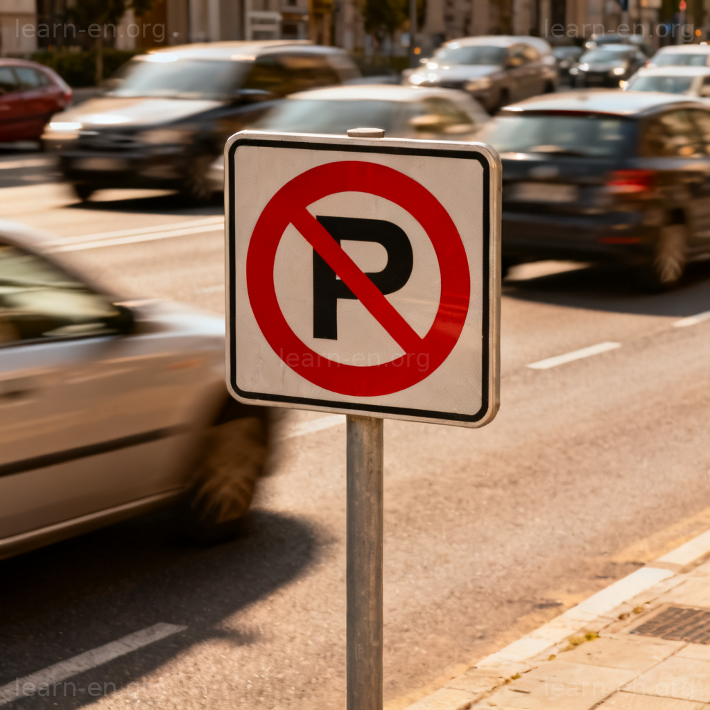no parking zone 标志图解：繁忙道路上红圈带斜杠的P字停车禁令牌