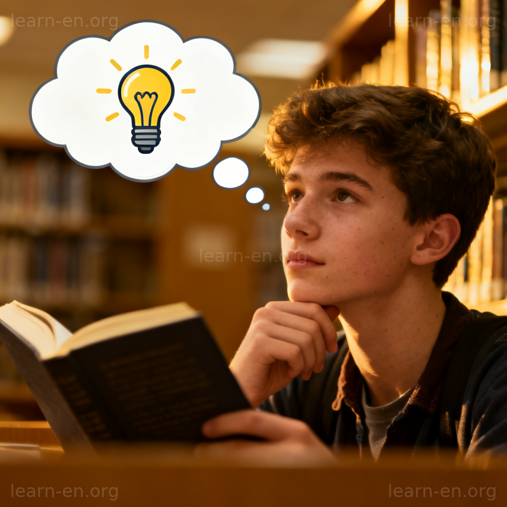 notion 概念图解：学生在图书馆思考，头顶灯泡象征想法形成